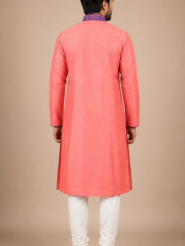 DESI BUTIK Men's Pink Embroidered Kurta Set