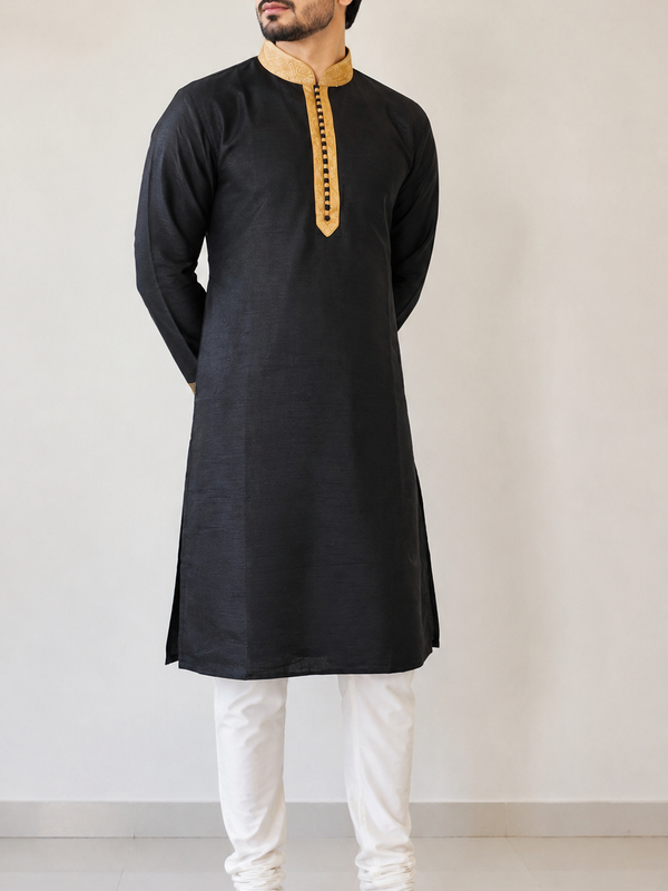 DESI BUTIK Men's Black textured Kurta Set