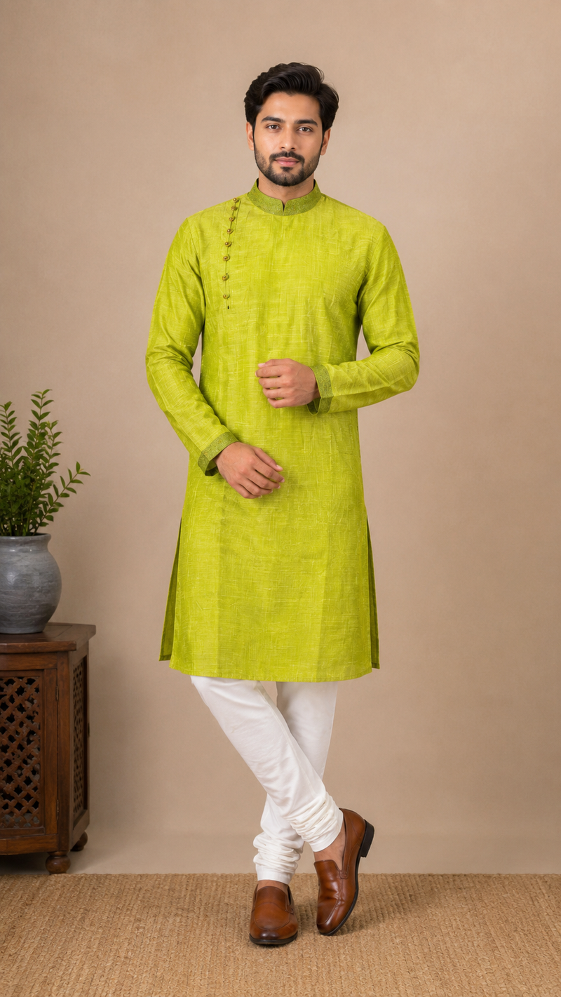 DESI BUTIK Men's Green Texture Kurta Set