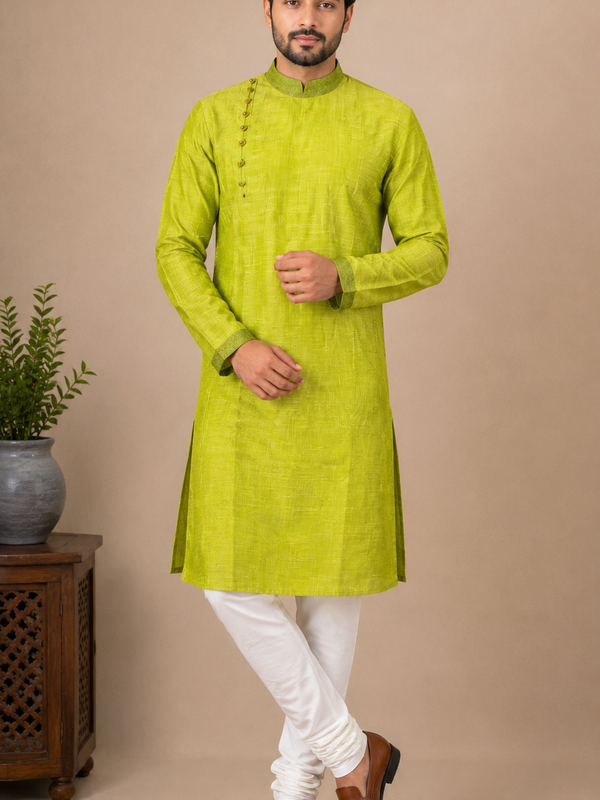 DESI BUTIK Men's Green Texture Kurta Set