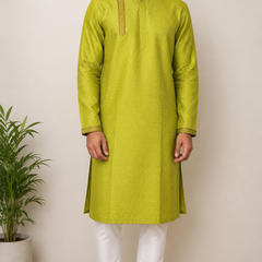 DESI BUTIK Men's Green Jacquard Kurta Set