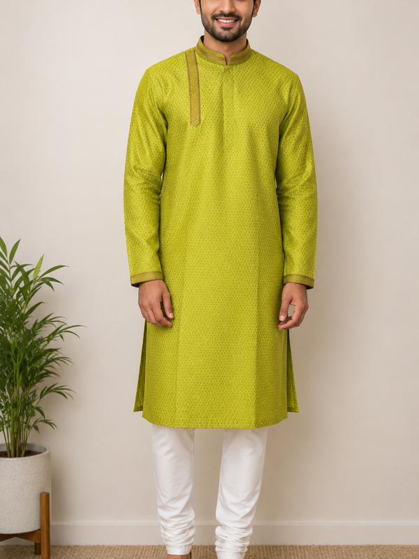 DESI BUTIK Men's Green Jacquard Kurta Set