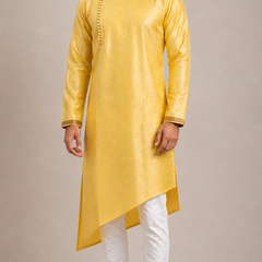 DESI BUTIK Men's Yellow Asymmetric Kurta Set