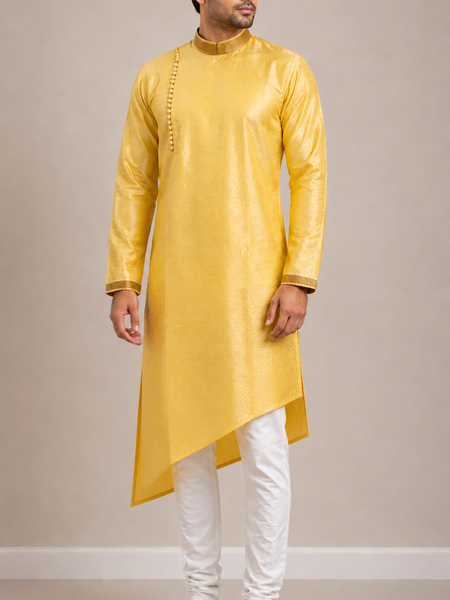 DESI BUTIK Men's Yellow Asymmetric Kurta Set