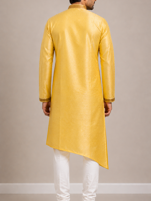 DESI BUTIK Men's Yellow Asymmetric Kurta Set