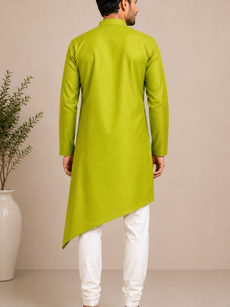 DESI BUTIK Mens Green Asymmetric Kurta Set