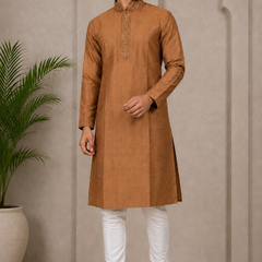 DESI BUTIK Men’s Brown Embroidered Straight Kurta with White Churidar
