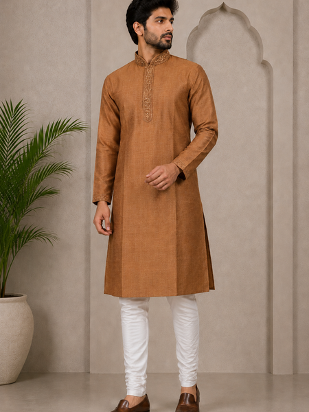 DESI BUTIK Men’s Brown Embroidered Straight Kurta with White Churidar