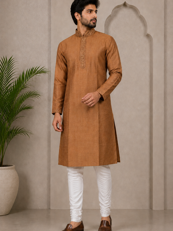 DESI BUTIK Men’s Brown Embroidered Straight Kurta with White Churidar