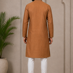 DESI BUTIK Men’s Brown Embroidered Straight Kurta with White Churidar