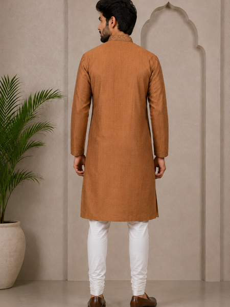 DESI BUTIK Men’s Brown Embroidered Straight Kurta with White Churidar