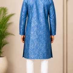 DESI BUTIK Men’s Sky Blue Floral Self-Design Kurta with White Churidar