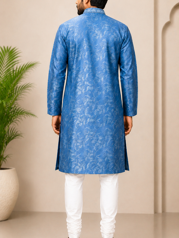 DESI BUTIK Men’s Sky Blue Floral Self-Design Kurta with White Churidar