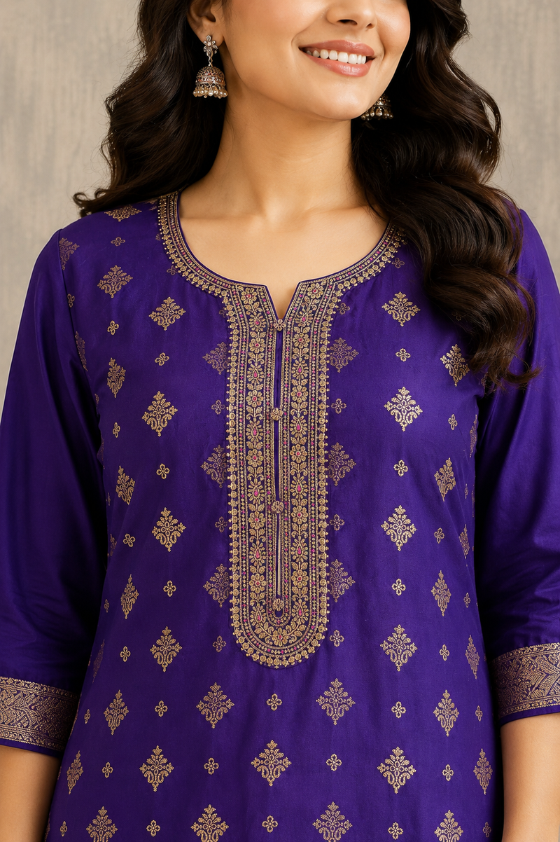 Purple Embroidered Kurta Set with Floral Dupatta