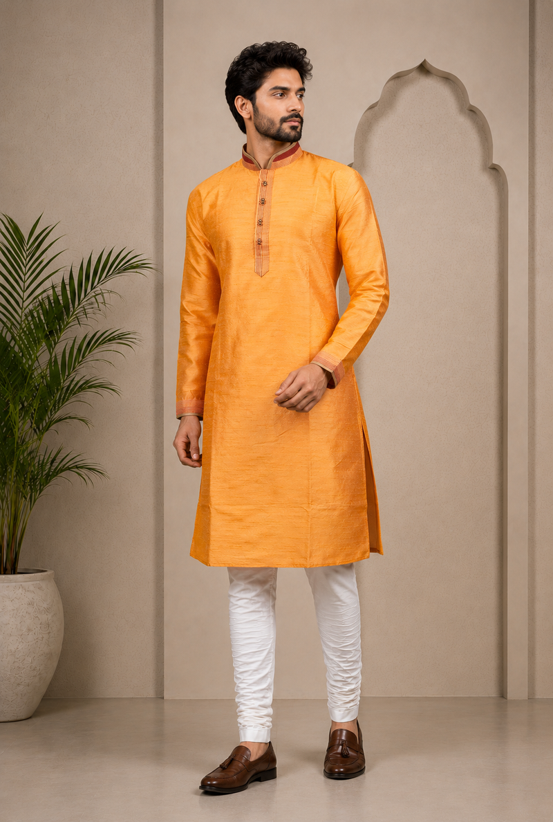 DESI BUTIK Men’s Orange Straight Kurta with White Churidar