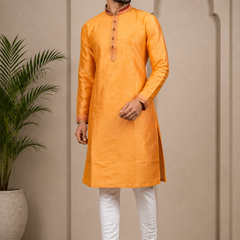 DESI BUTIK Men’s Orange Straight Kurta with White Churidar