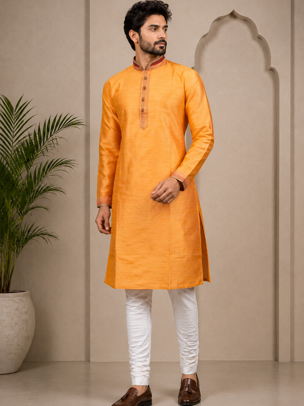 DESI BUTIK Men’s Orange Straight Kurta with White Churidar