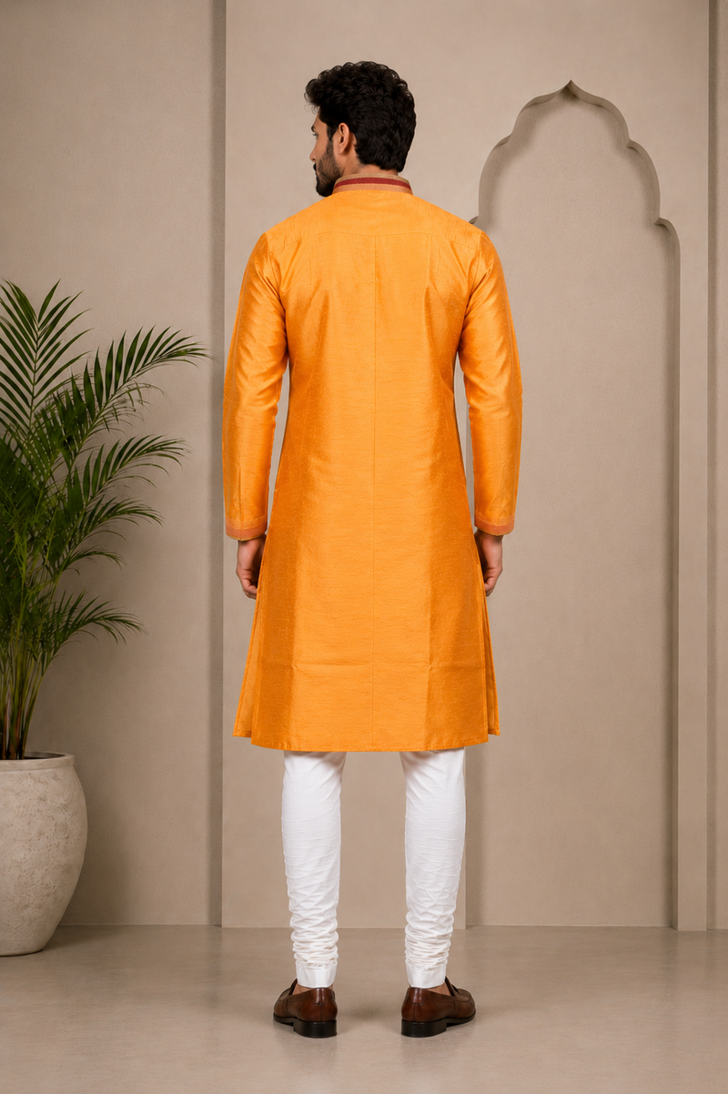 DESI BUTIK Men’s Orange Straight Kurta with White Churidar