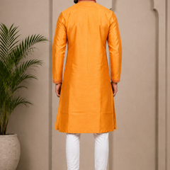DESI BUTIK Men’s Orange Straight Kurta with White Churidar