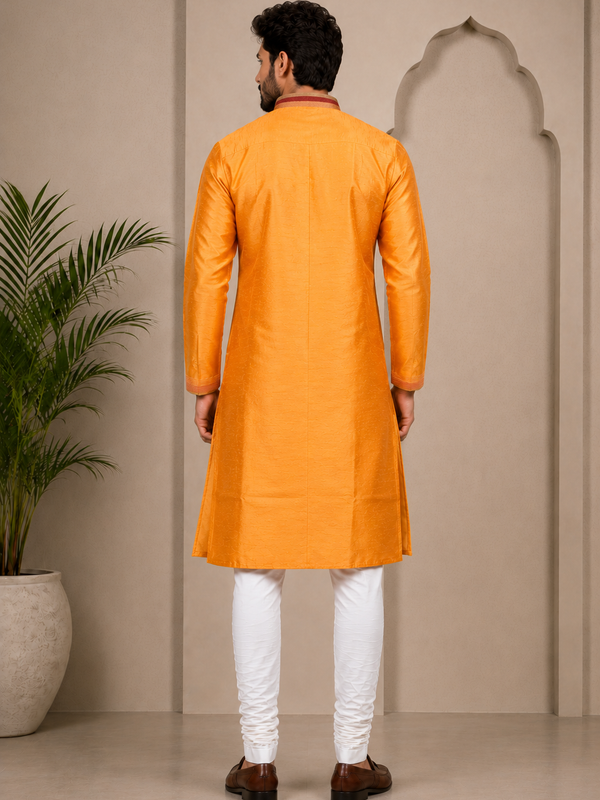 DESI BUTIK Men’s Orange Straight Kurta with White Churidar