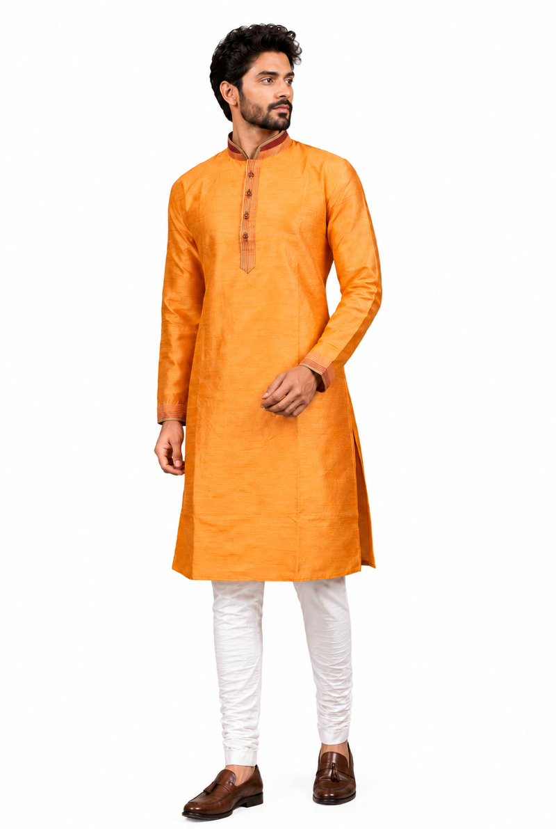 DESI BUTIK Men’s Orange Straight Kurta with White Churidar
