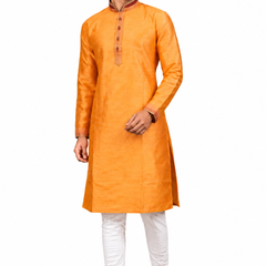 DESI BUTIK Men’s Orange Straight Kurta with White Churidar