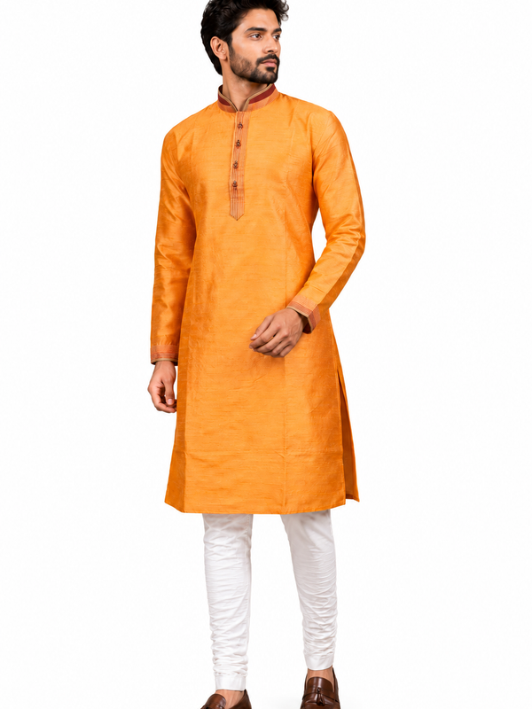 DESI BUTIK Men’s Orange Straight Kurta with White Churidar
