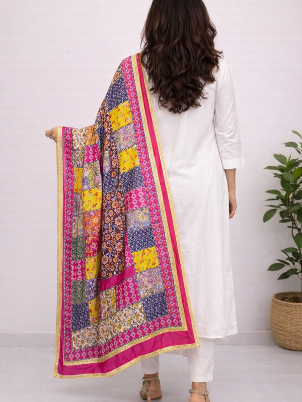 Pink Multicolor Floral Patchwork Designer Dupatta DB3021