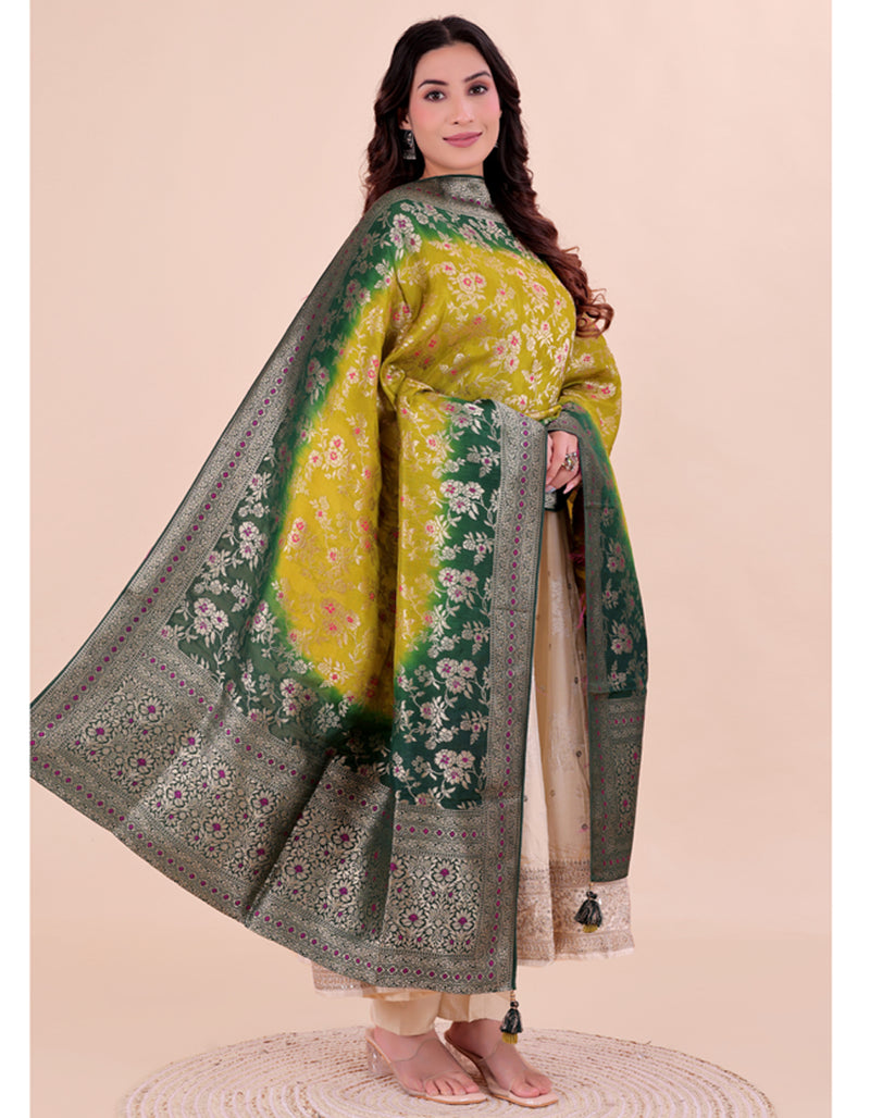 Yellow Women's Jacquard Dupatta suitable for Navratri, Diwali & All Occasions