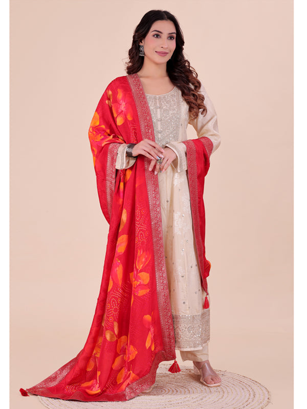 Red Women's Viscose Dola Silk Dupatta suitable for Navratri, Diwali & All Occasions