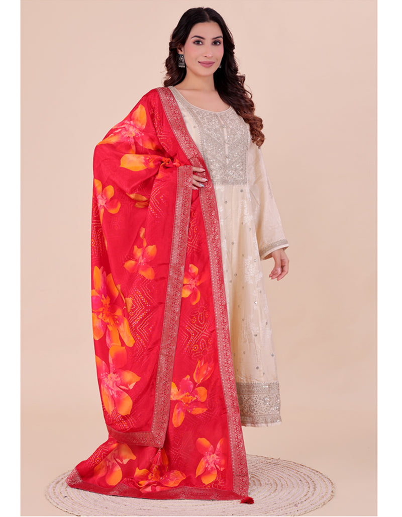 Red Women's Viscose Dola Silk Dupatta suitable for Navratri, Diwali & All Occasions DB2212