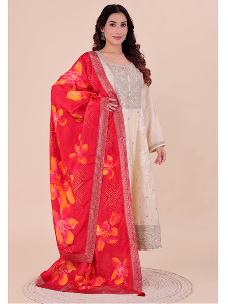 Red Women's Viscose Dola Silk Dupatta suitable for Navratri, Diwali & All Occasions DB2212