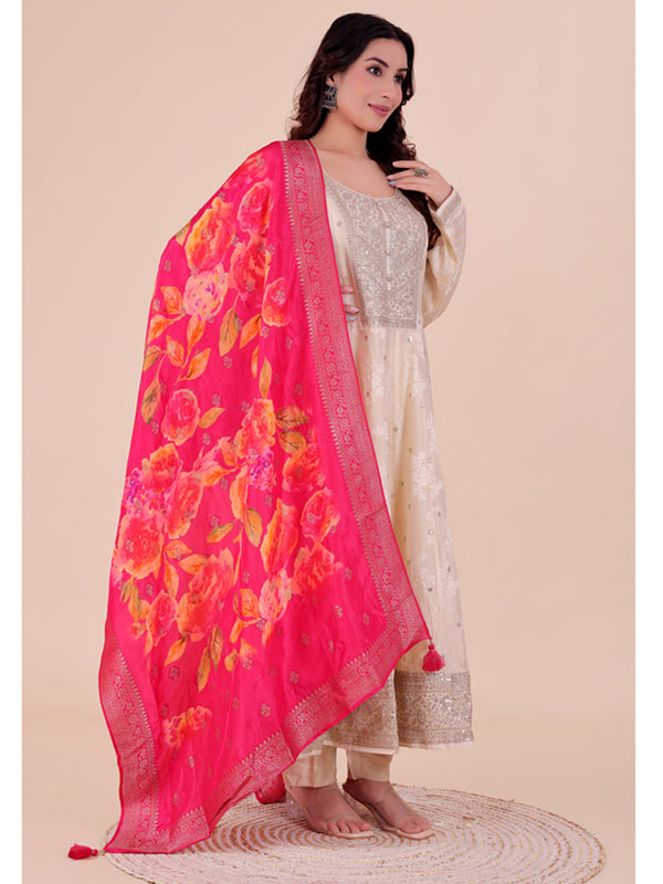 Pink Women's Viscose Dola Silk Dupatta suitable for Navratri, Diwali & All Occasions DB2213