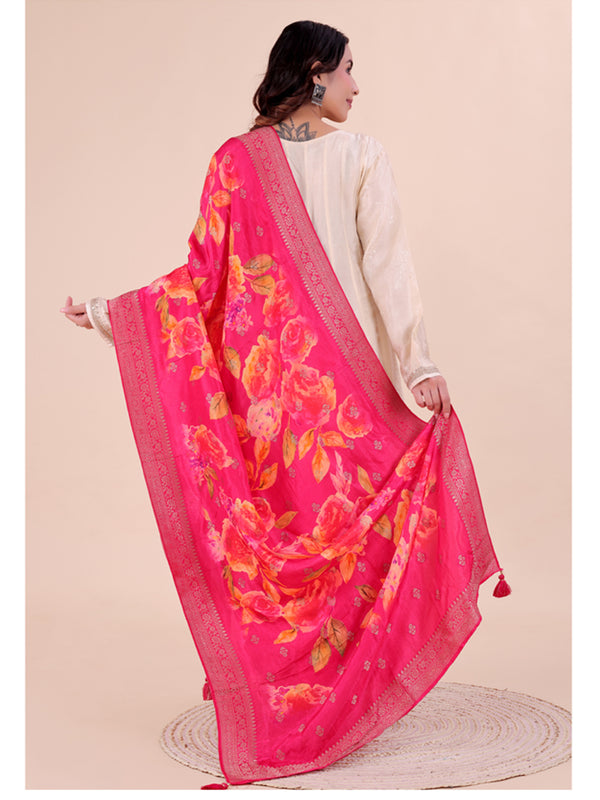 Pink Women's Viscose Dola Silk Dupatta suitable for Navratri, Diwali & All Occasions