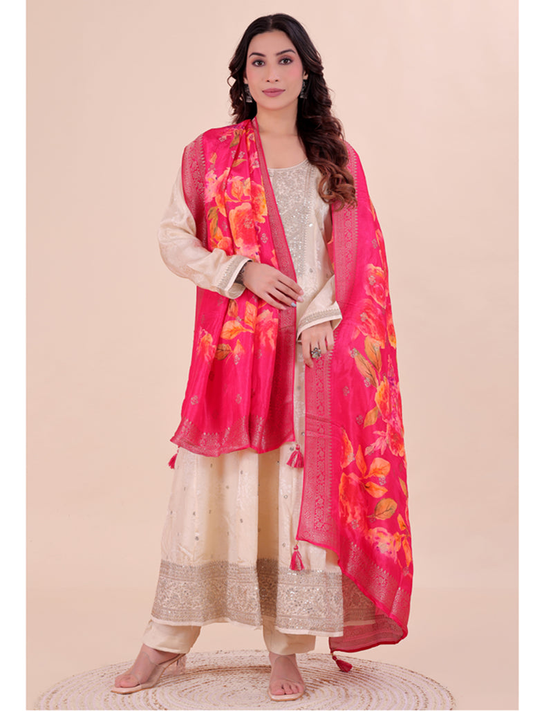 Pink Women's Viscose Dola Silk Dupatta suitable for Navratri, Diwali & All Occasions DB2213