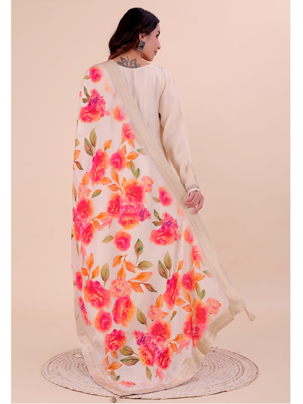 White Women's Viscose Dola Silk Dupatta suitable for Navratri, Diwali & All Occasions