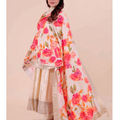 White Women's Viscose Dola Silk Dupatta suitable for Navratri, Diwali & All Occasions