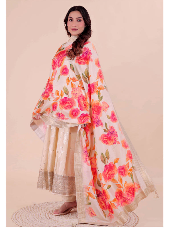 White Women's Viscose Dola Silk Dupatta suitable for Navratri, Diwali & All Occasions