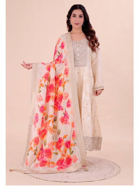 White Women's Viscose Dola Silk Dupatta suitable for Navratri, Diwali & All Occasions