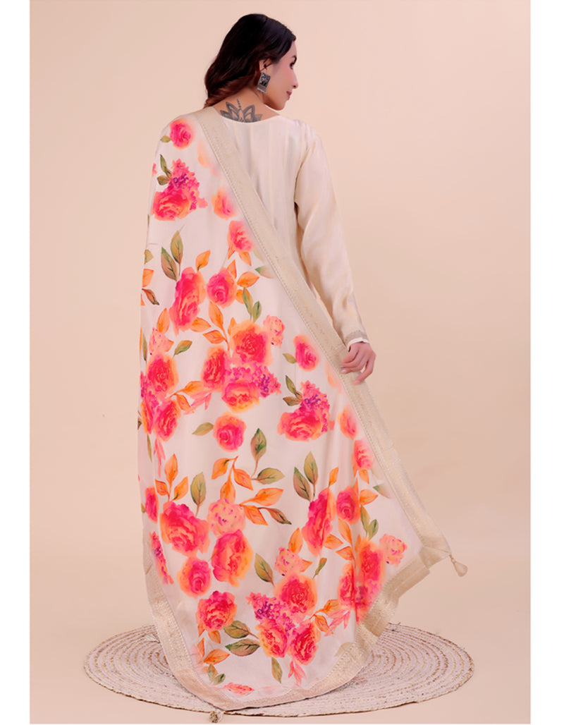 White Women's Viscose Dola Silk Dupatta suitable for Navratri, Diwali & All Occasions DB2214