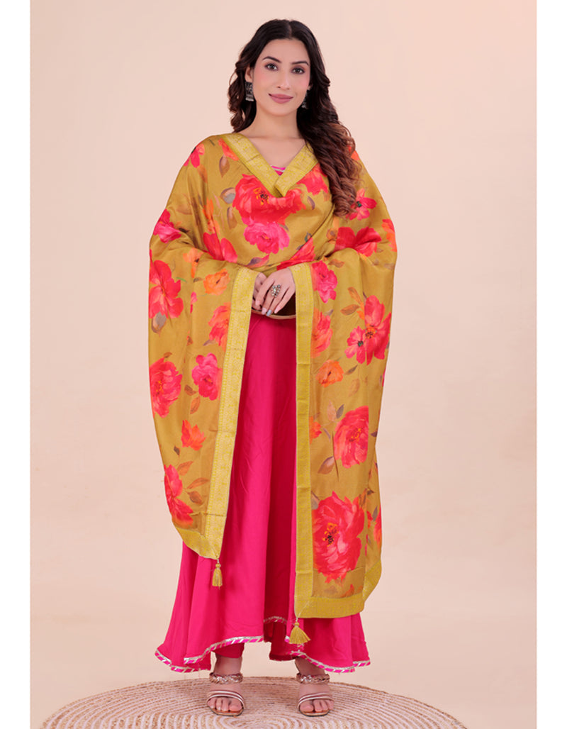 Mustard Yellow Women's Viscose Dola Silk Dupatta suitable for Navratri, Diwali & All Occasions DB2217