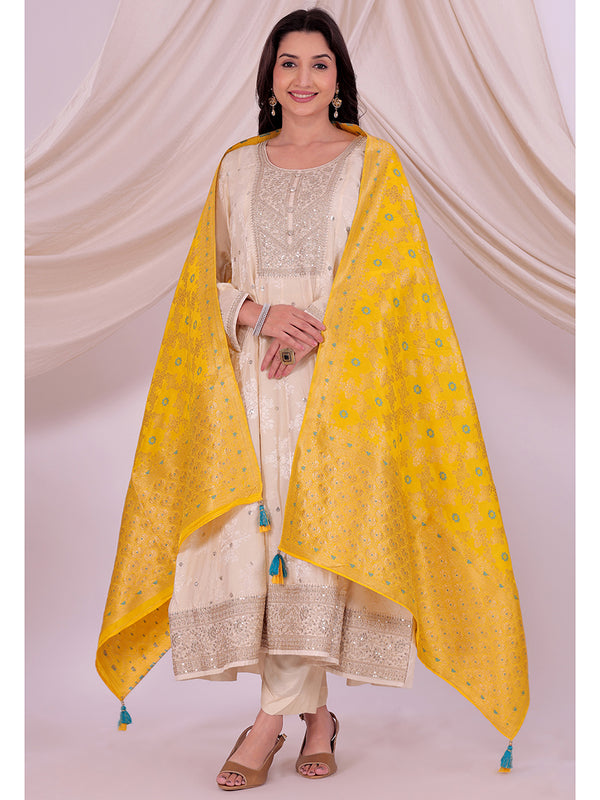 Desi Butik's Sunshine Yellow Woven Banarasi Dupatta