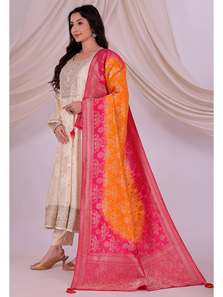 Desi Butik's Orange & Pink Ombre Banarasi Dupatta