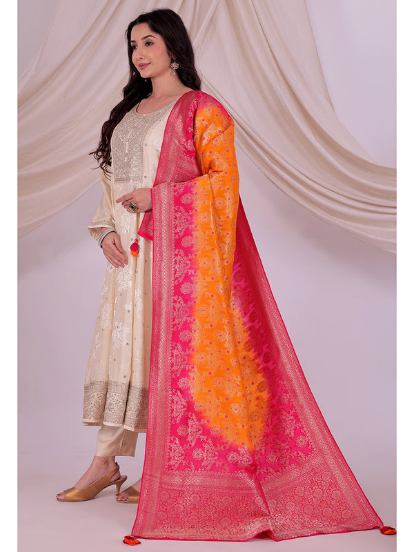 Desi Butik's Orange & Pink Ombre Banarasi Dupatta