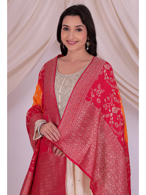 Desi Butik's Vibrant Orange & Rani Pink Banarasi Dupatta