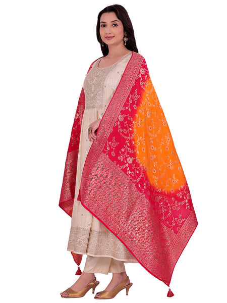 Desi Butik's Vibrant Orange & Rani Pink Banarasi Dupatta DB2243
