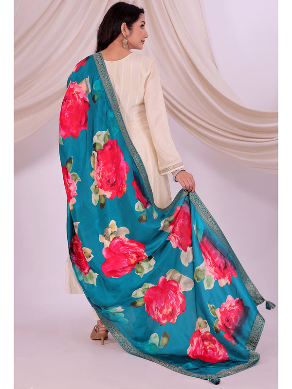 Desi Butik's Teal Blue Floral Printed Dupatta