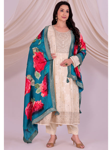 Desi Butik's Teal Blue Floral Printed Dupatta