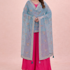 Women’s Sky Blue Floral Embroidered Net Dupatta with Heavy Border & Tassels