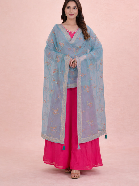 Women’s Sky Blue Floral Embroidered Net Dupatta with Heavy Border & Tassels